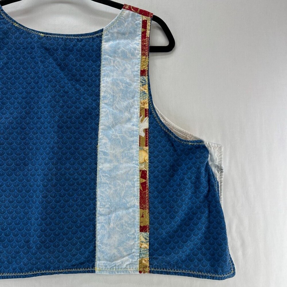 Handmade Upcycled Patchwork Vest Womens Angel Dove Peace Print Crop Top Blue Red - Picture 6 of 10